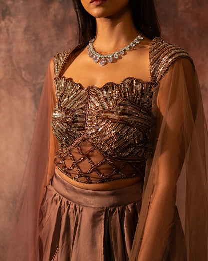 Mocha corset drape skirt set