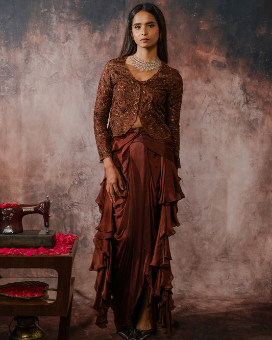 Brown cut work jacket draped skirt set