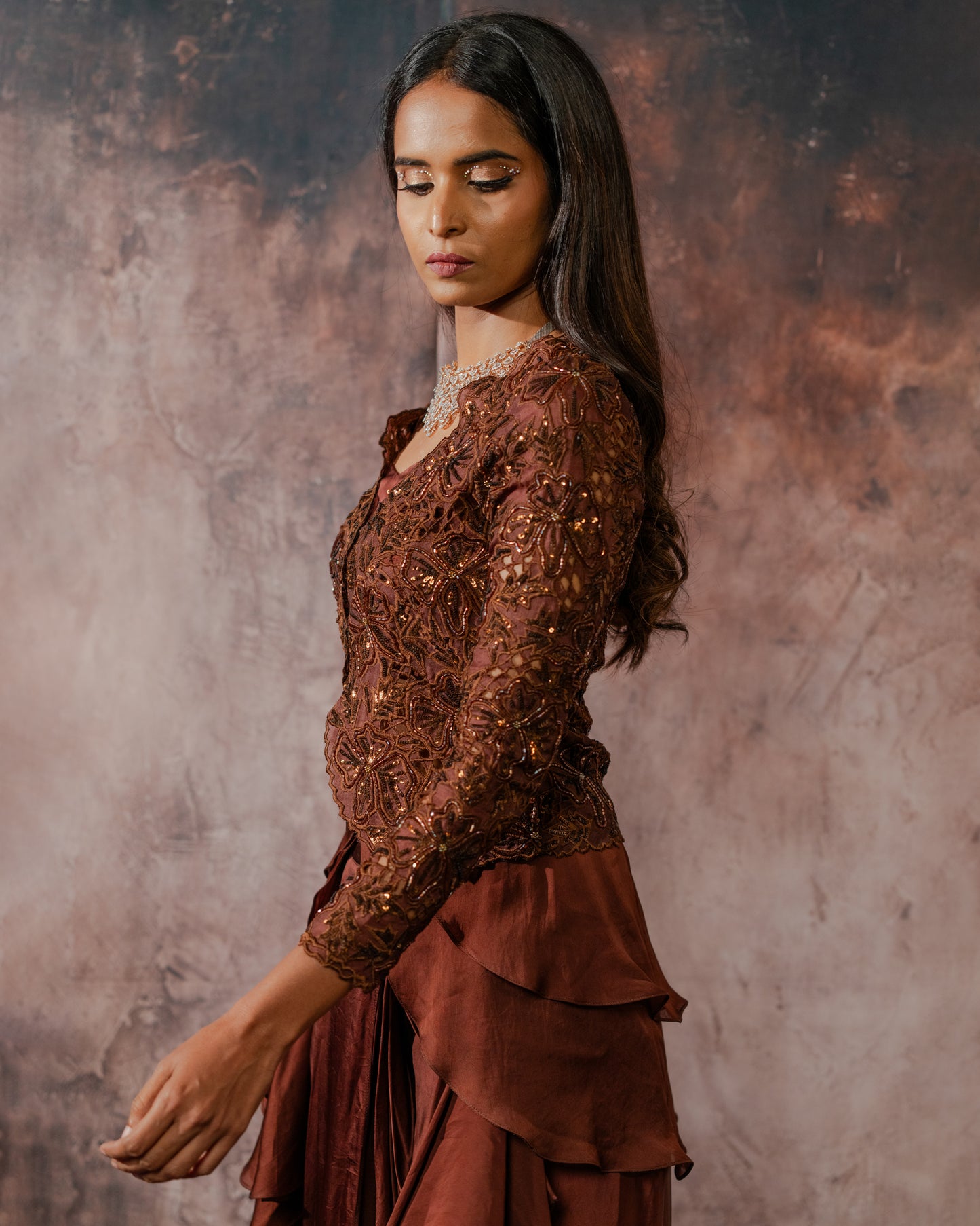 Brown cut work jacket draped skirt set