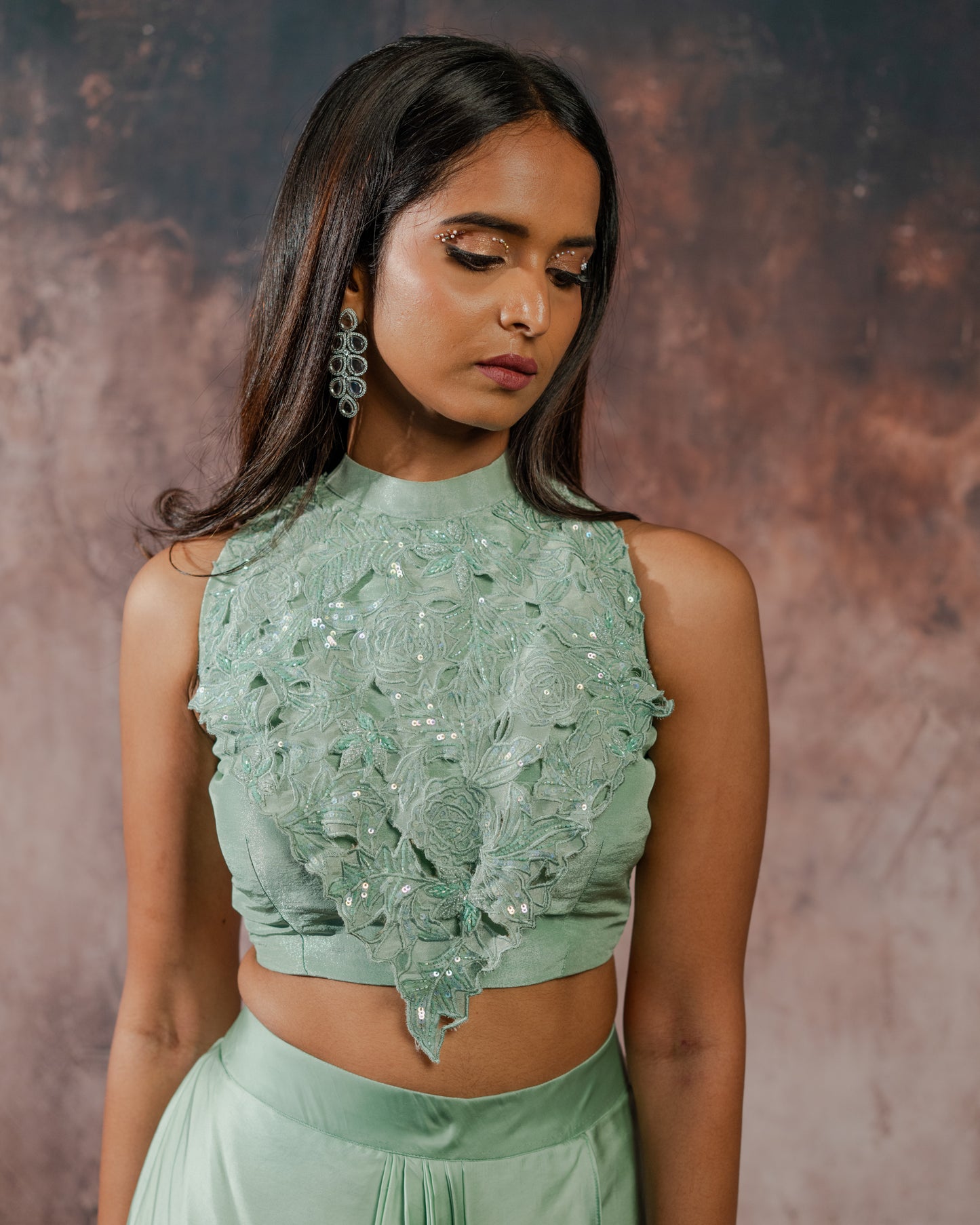 Sage halter neck draped skirt set