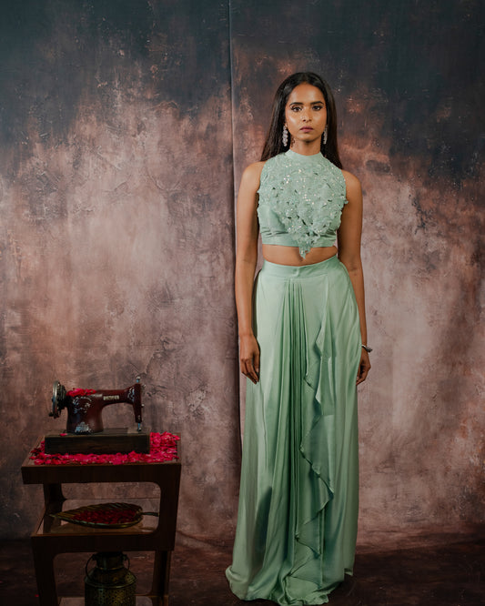 Sage halter neck draped skirt set