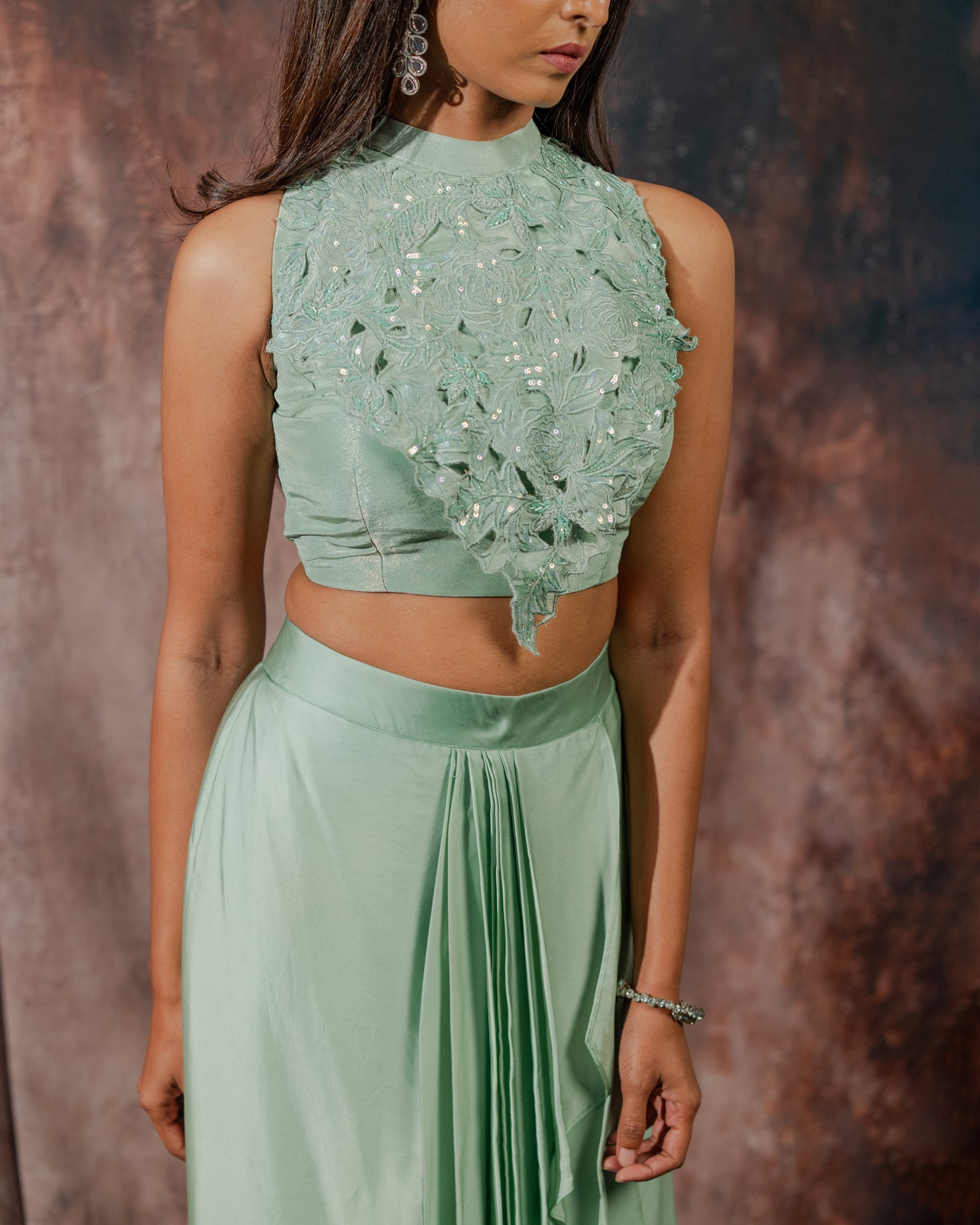 Sage halter neck draped skirt set