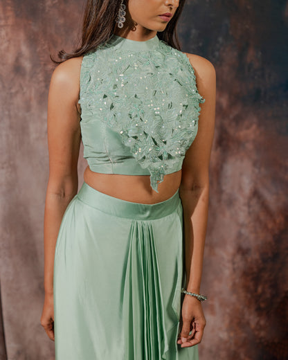 Sage halter neck draped skirt set