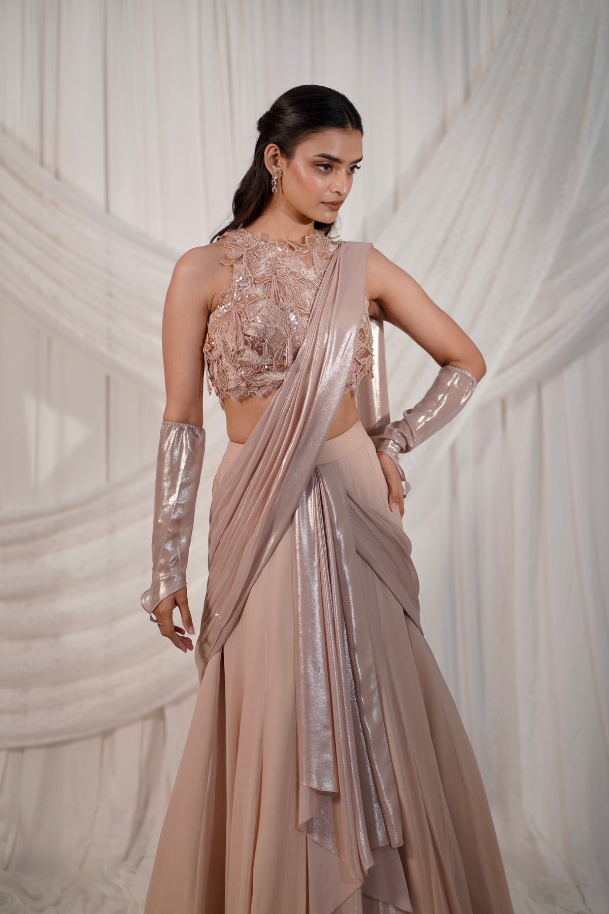 peach pre-draped saree
