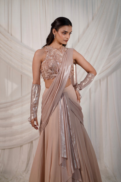 peach pre-draped saree
