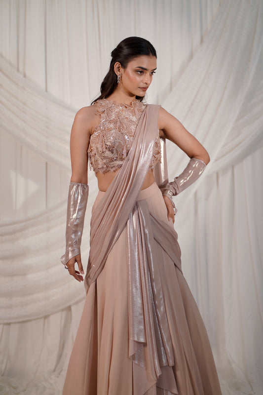 peach pre-draped saree
