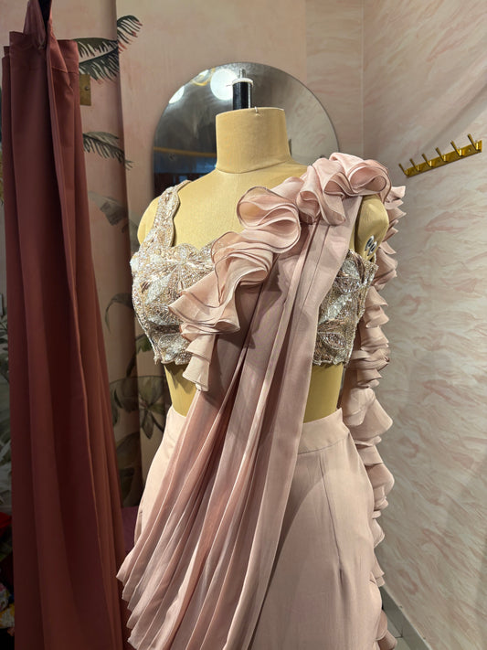 Rosè ruffled pre-draped saree set