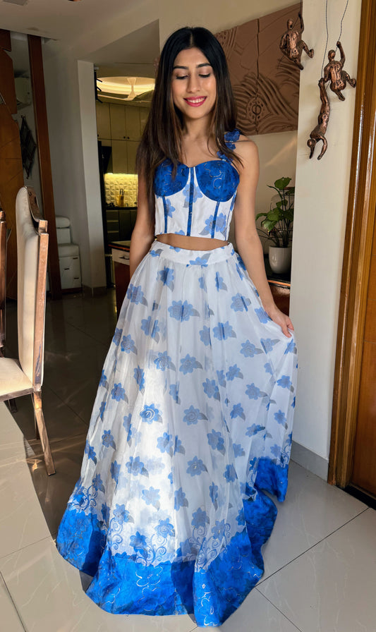 Royal blue and white floral corset skirt set