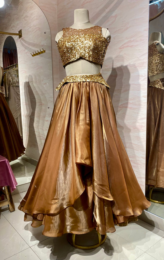 Brown tissue sequinned lehenga set