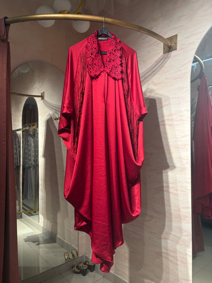 Maroon fringed kaftan set
