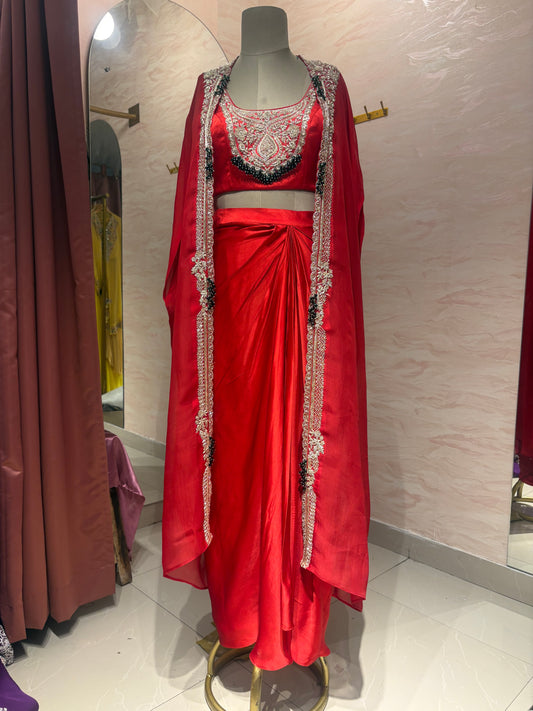 Red emerald draped skirt set