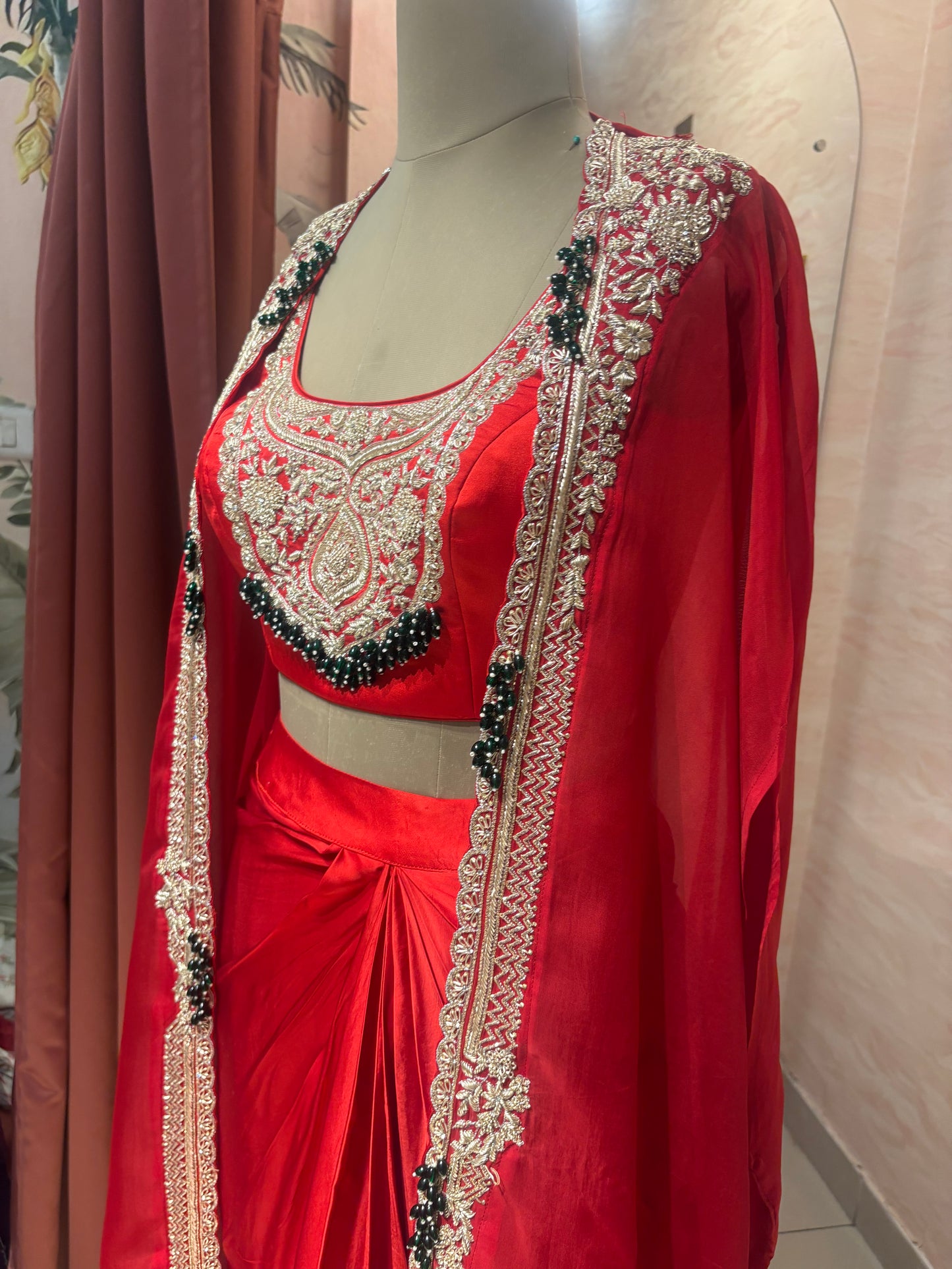 Red emerald draped skirt set