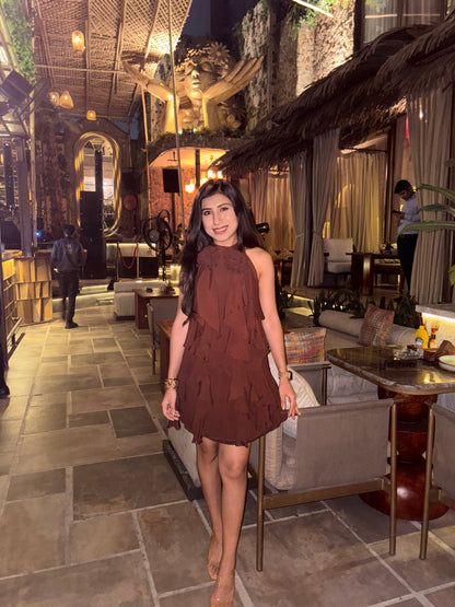 Mocha brown ruffled halter neck dress