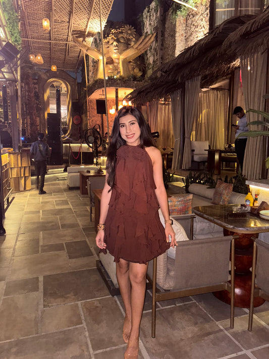 Mocha brown ruffled halter neck dress