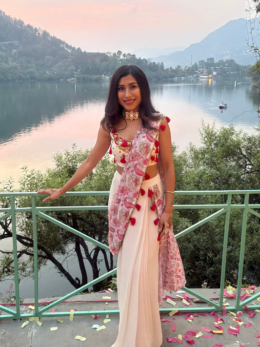 Printed tasels red and ivory pre-draped saree