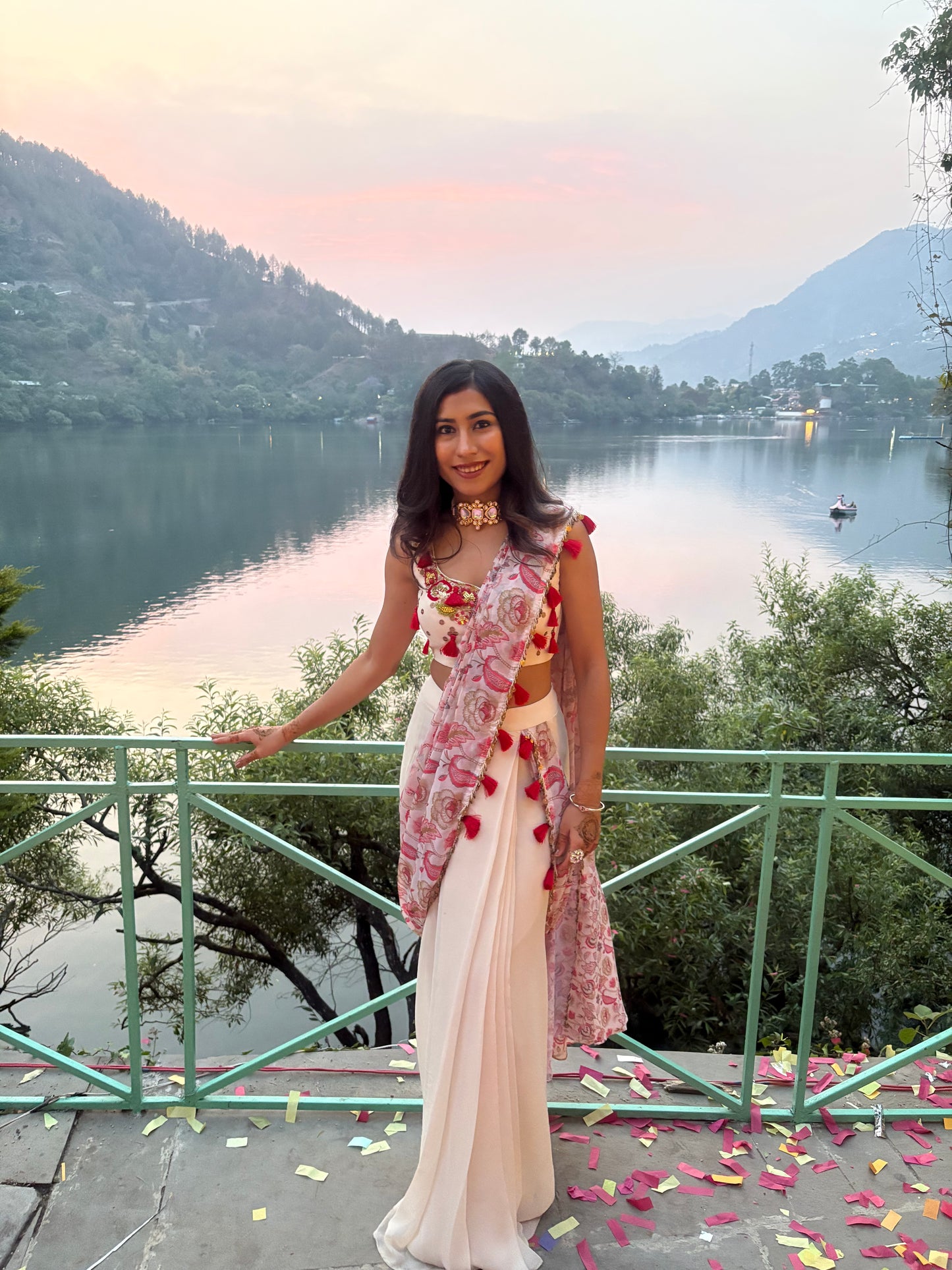 Printed tasels red and ivory pre-draped saree