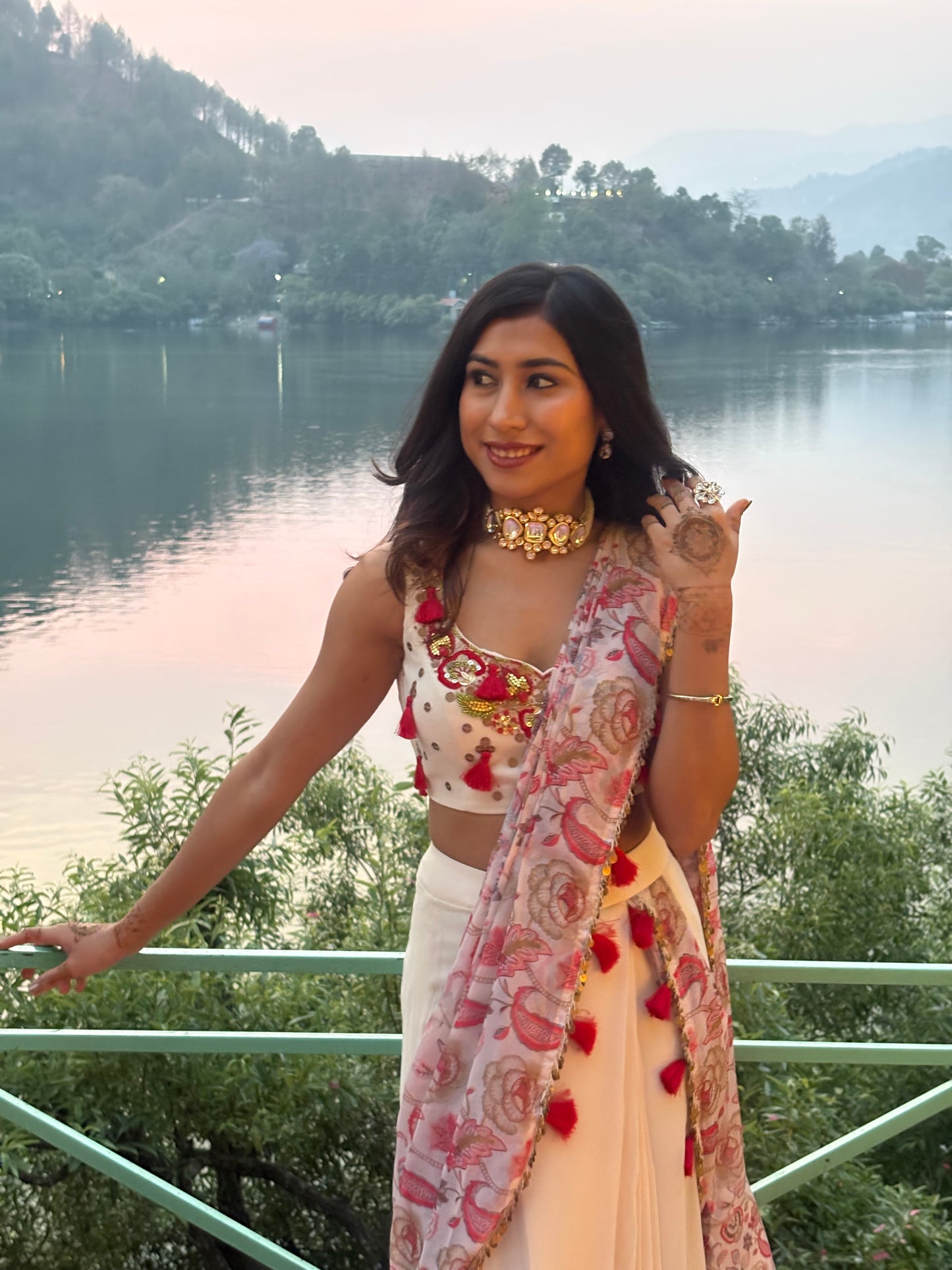 Printed tasels red and ivory pre-draped saree