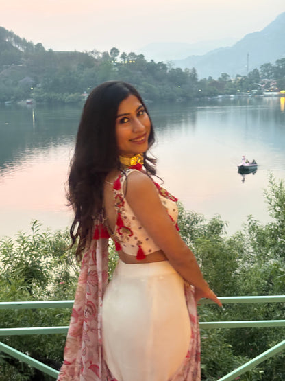 Printed tasels red and ivory pre-draped saree