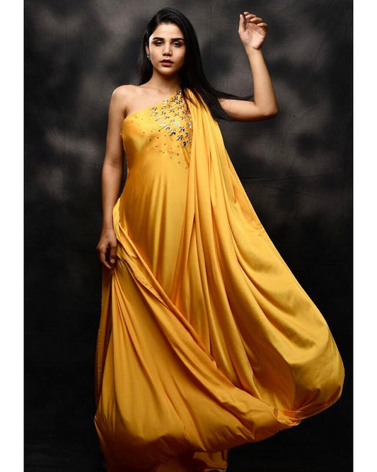 Electric yellow embellished gown with front drape - Nishi Madaan Label