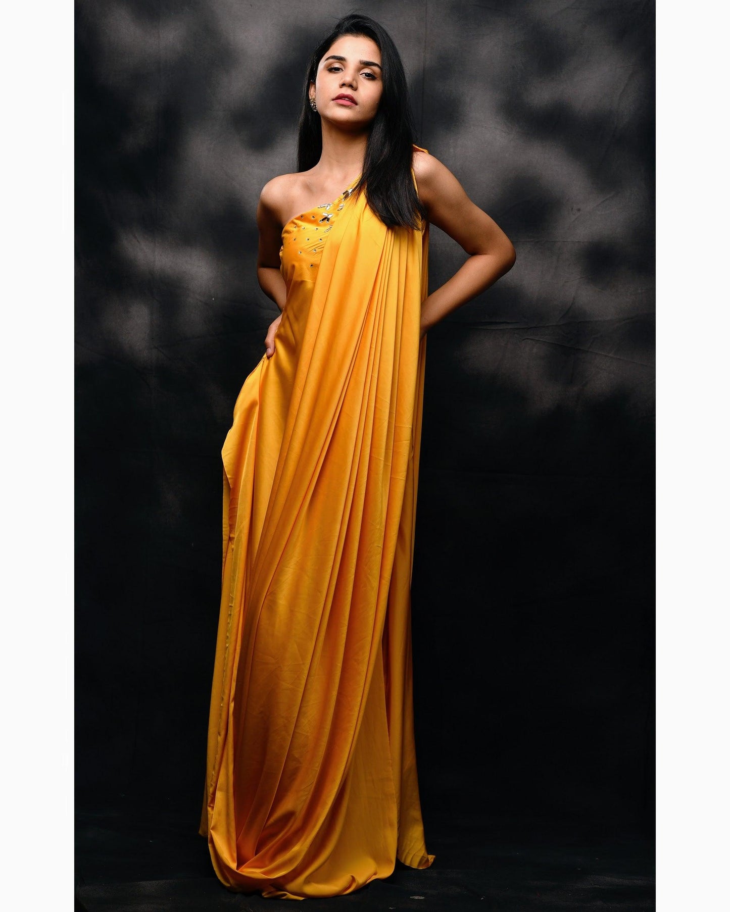 Electric yellow embellished gown with front drape - Nishi Madaan Label