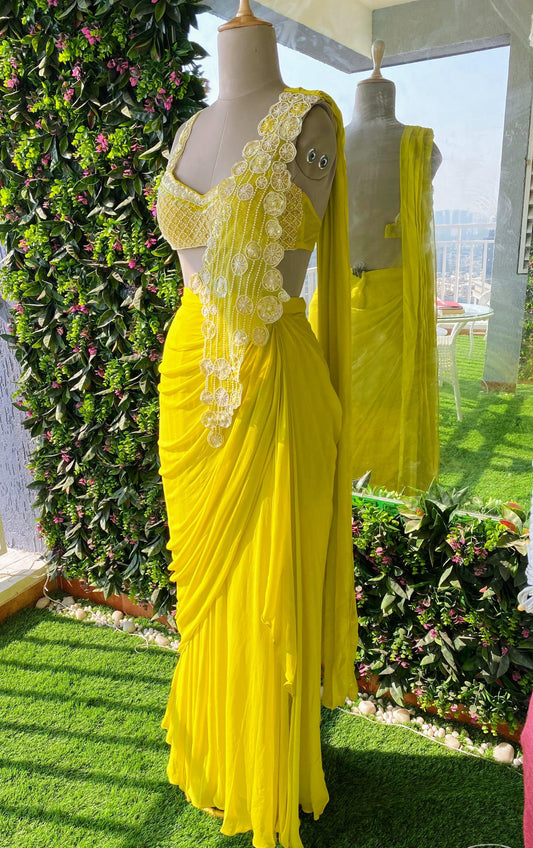 Lemon green pre-draped saree - Nishi Madaan Label