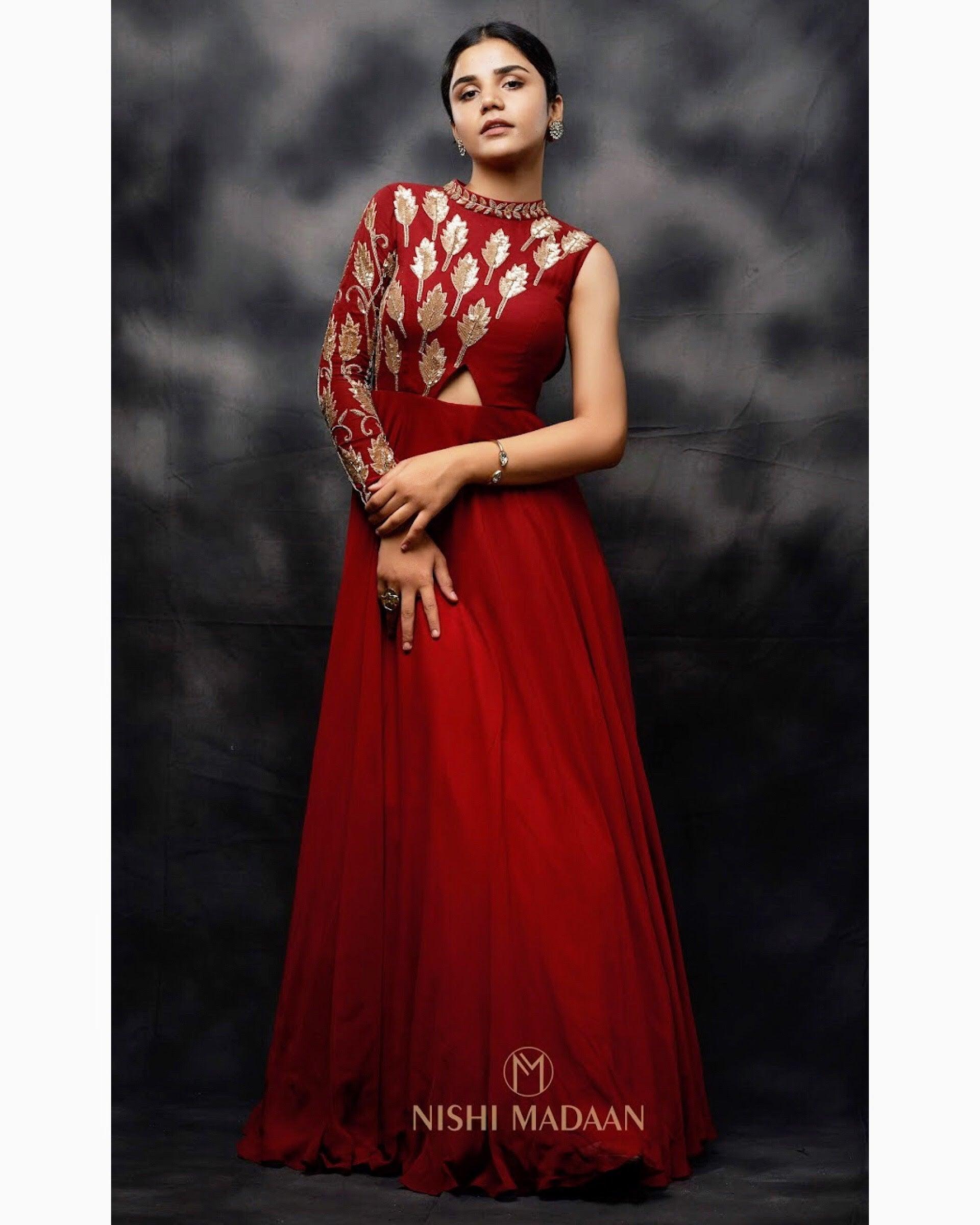 Maroon asymmetrical anarkali gown - Nishi Madaan Label