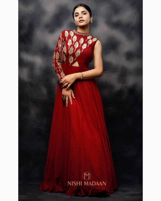Powder blue and red draped saree skirt with blouse – Nishi Madaan Label