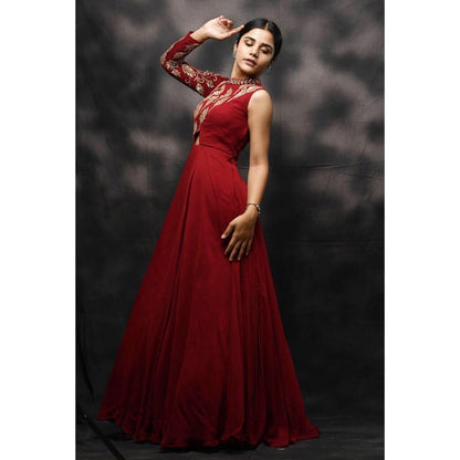 Maroon asymmetrical anarkali gown - Nishi Madaan Label