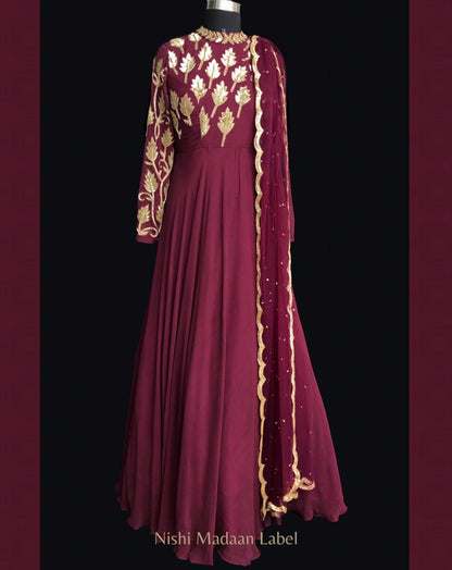 Maroon asymmetrical anarkali gown - Nishi Madaan Label