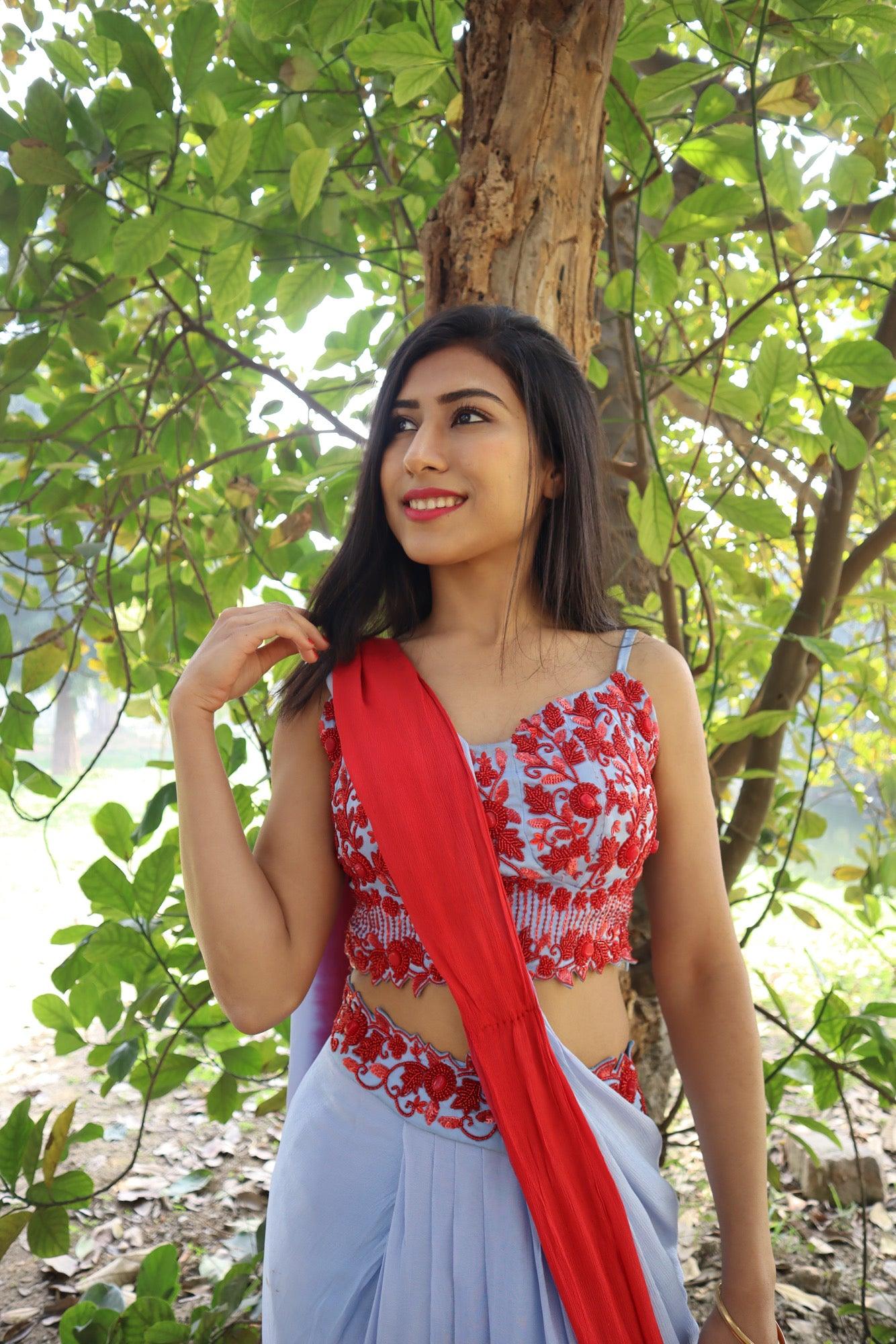 Powder blue and red draped saree skirt with blouse – Nishi Madaan