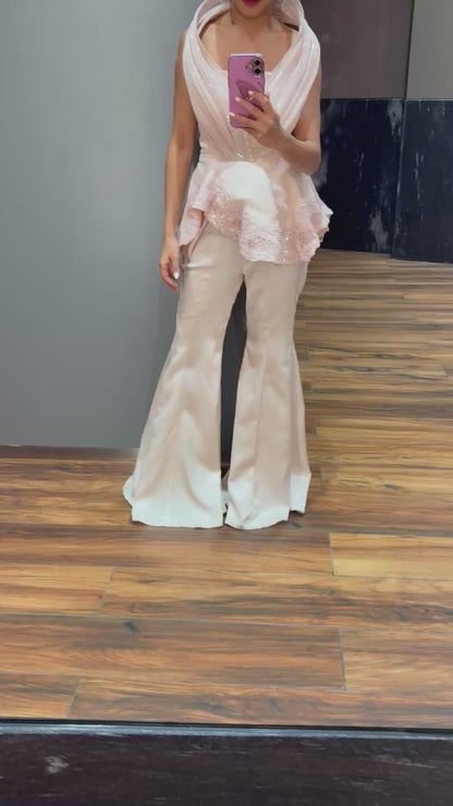 Dramatic neckline power suit