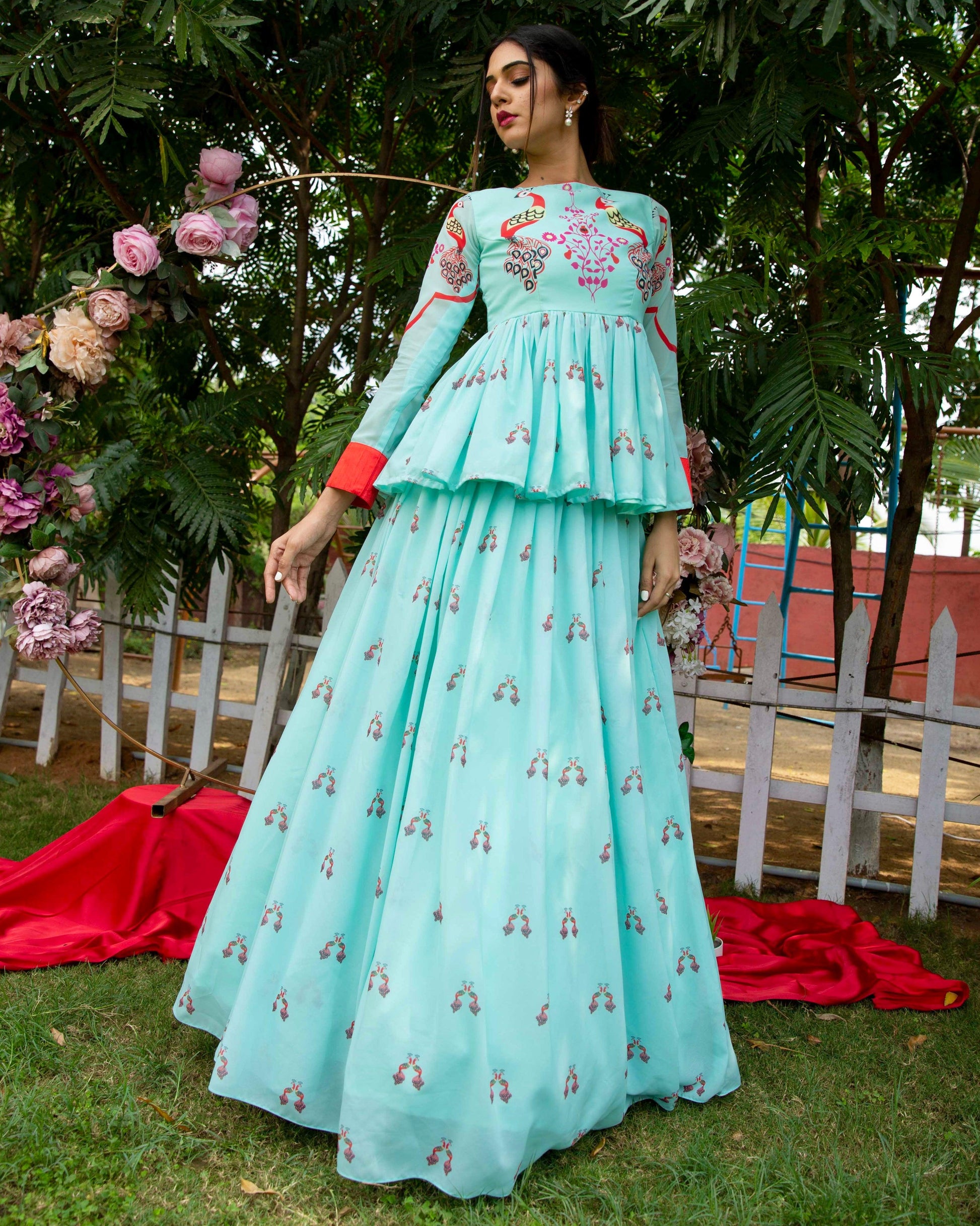 Printed peplum topped skirt in sea-green - Nishi Madaan Label