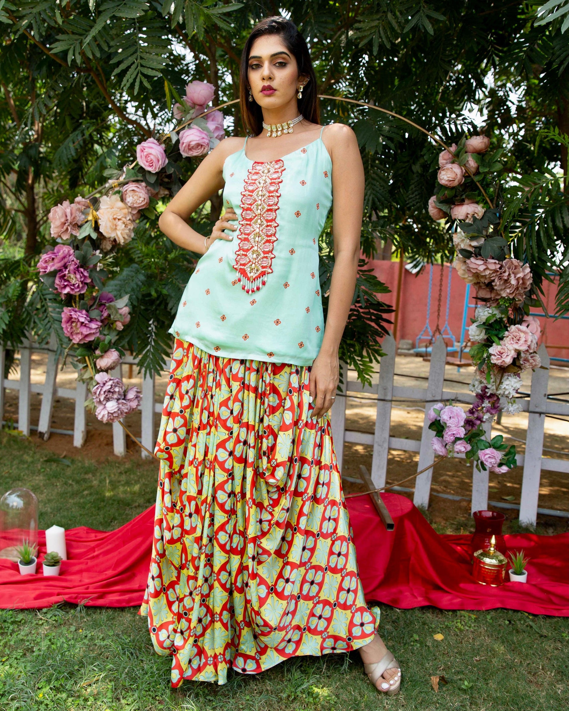 Straight printed suit with draped/cowled skirt - Nishi Madaan Label