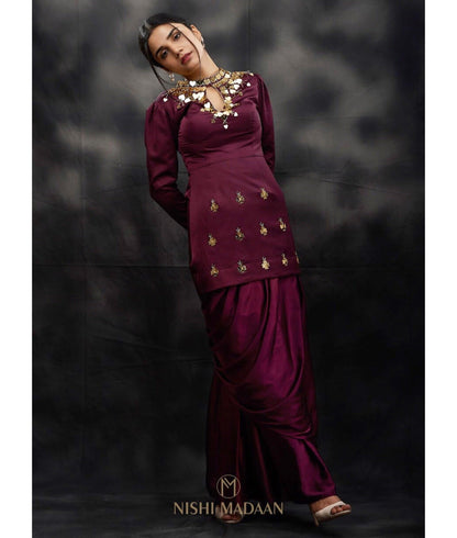 The captivating wine straight suit with draped skirt - Nishi Madaan Label