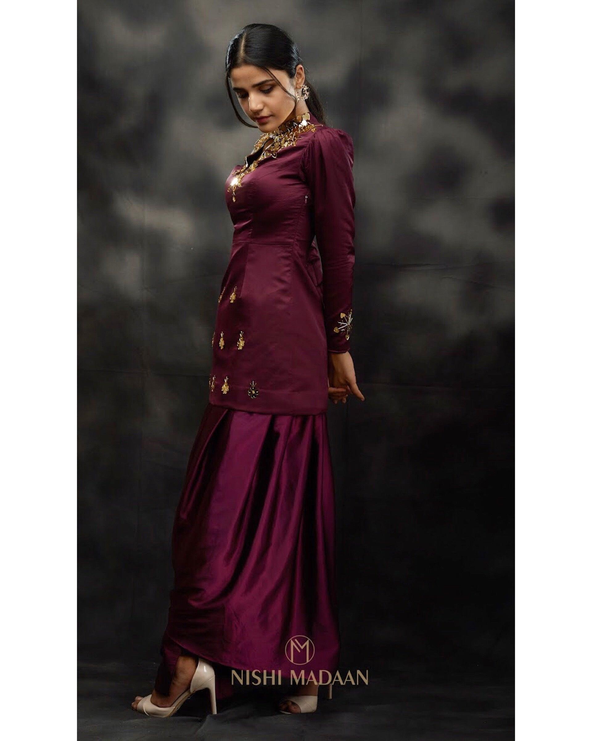 The captivating wine straight suit with draped skirt - Nishi Madaan Label