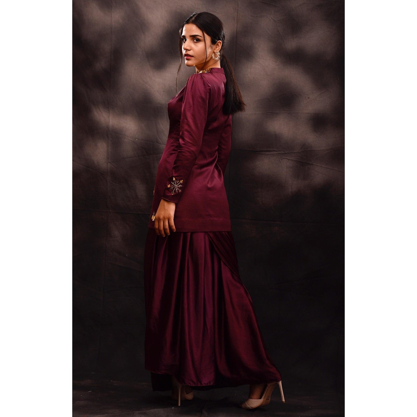 The captivating wine straight suit with draped skirt - Nishi Madaan Label