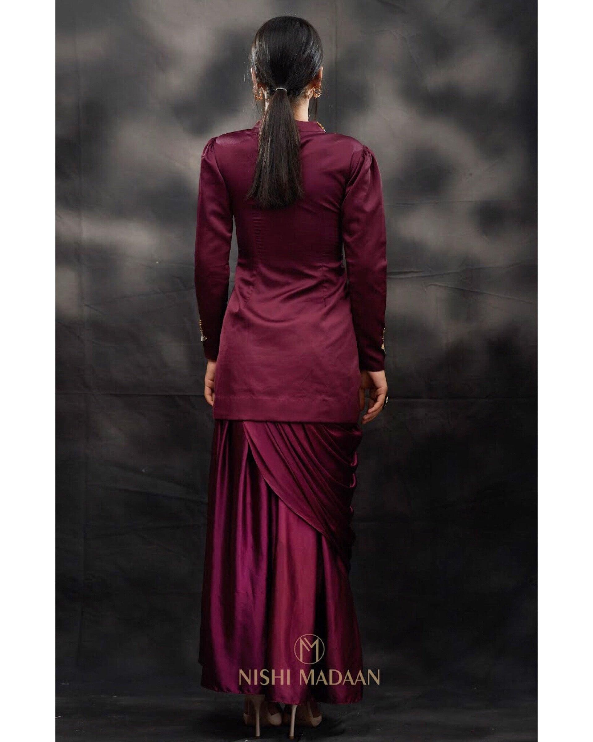 The captivating wine straight suit with draped skirt - Nishi Madaan Label