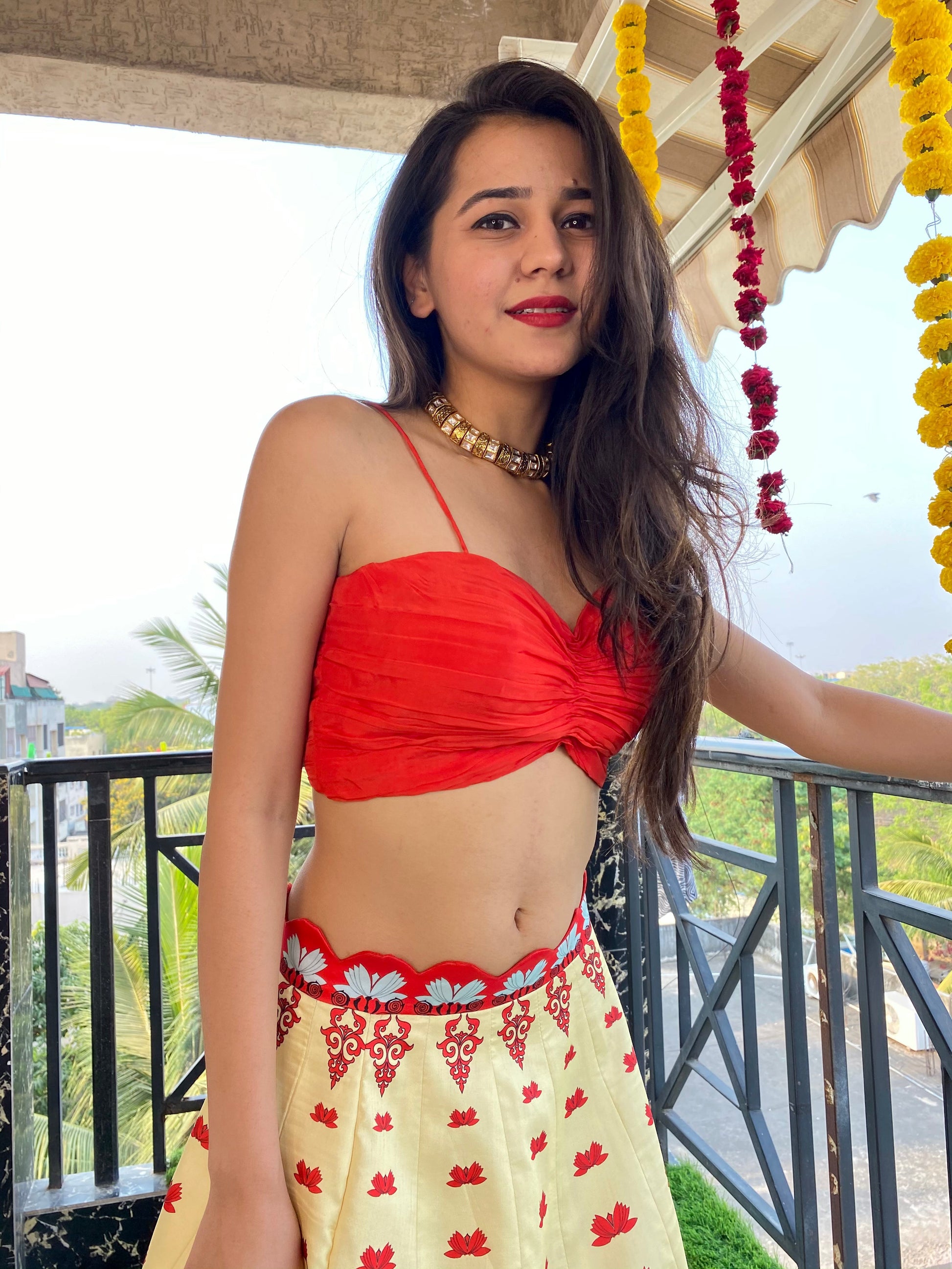 The 'floret' lehenga in yellow and red - Nishi Madaan Label
