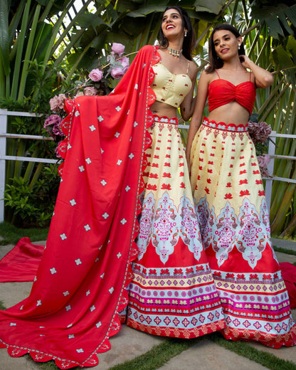 The 'floret' lehenga in yellow and red - Nishi Madaan Label