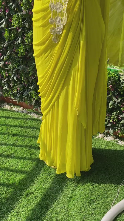 Lemon yellow pre-draped saree set